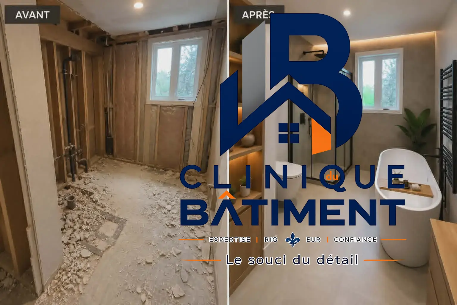 Comparaison entre une salle de bain en cours de démolition et le résultat final entièrement rénové. Réalisation de salle de bain à Boucherville — Clinique du Bâtiment (RBQ 5821-2606-01).