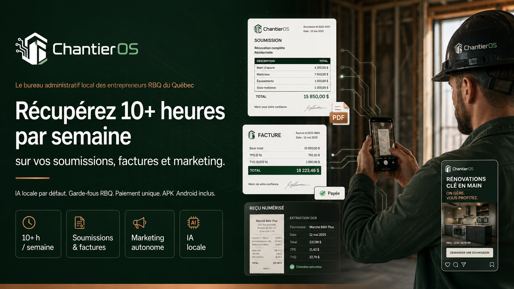 ChantierOS — Récupérez 10+ heures par semaine sur vos soumissions, factures et marketing. Bureau administratif local des entrepreneurs RBQ du Québec : IA locale, garde-fous RBQ, paiement unique, APK Android inclus.